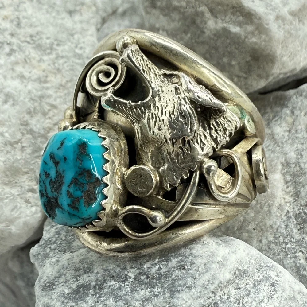 Navajo Sterling Silver Howling Wolf Turquoise Ring —Genevieve Francisco